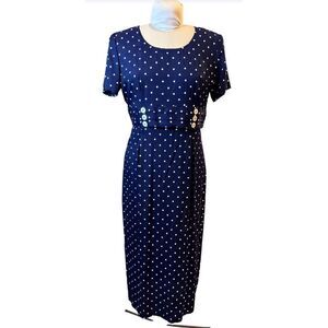 Casual Corner Vtg 1990’s Navy Blue White Polka Dot Dress Set Waist Sz. 11/12